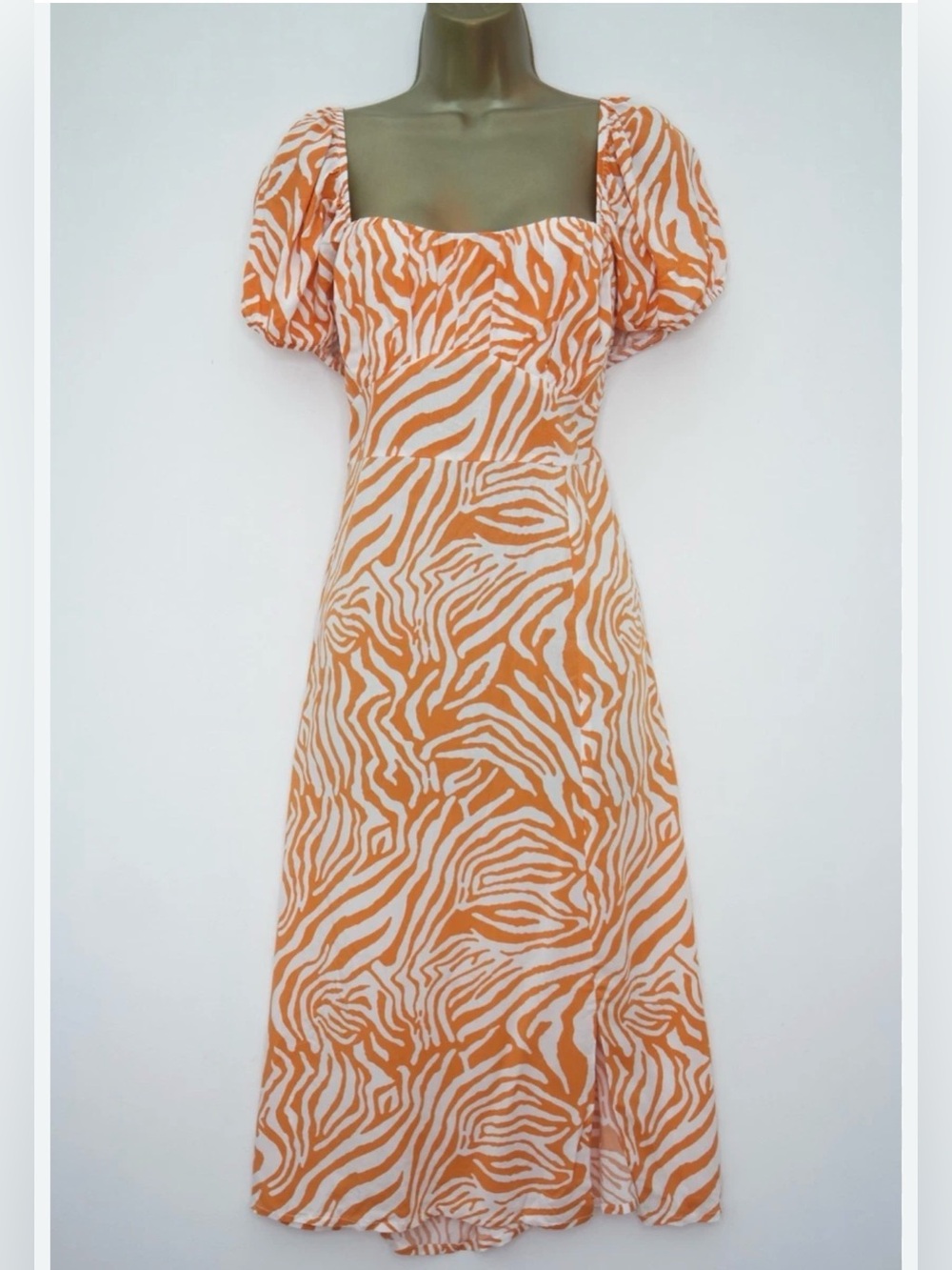 Primark Orange and White Zebra-Print Puff Sleeve Midi Dress